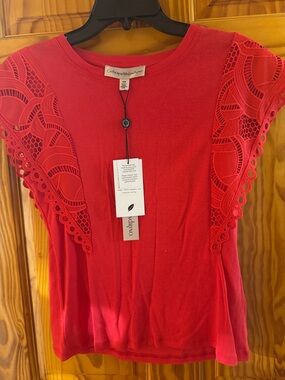 Catherine Malandrino Scarlet Lace-Trim Knit Tee